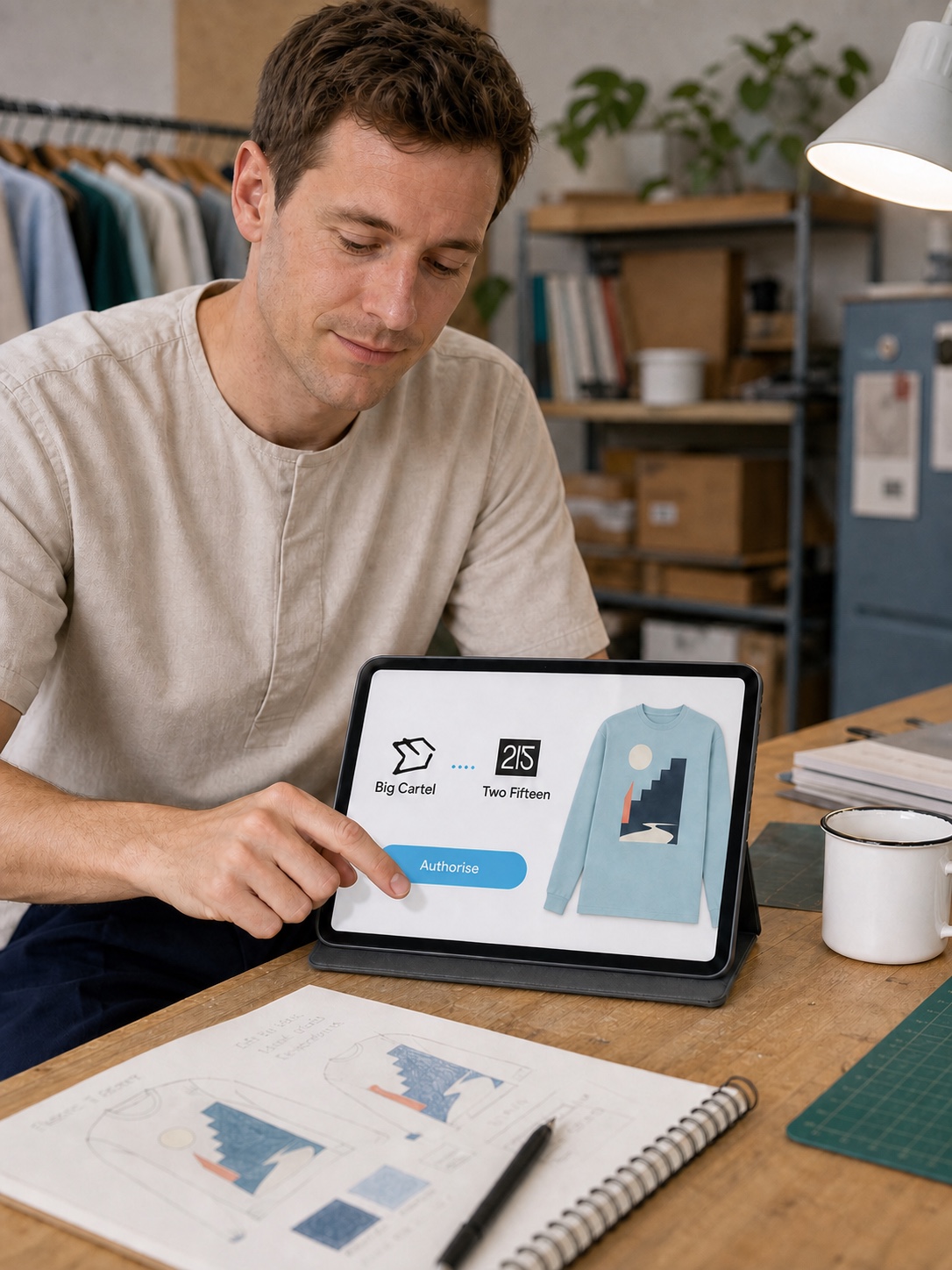 Designer authorising a Big Cartel connection on a tablet