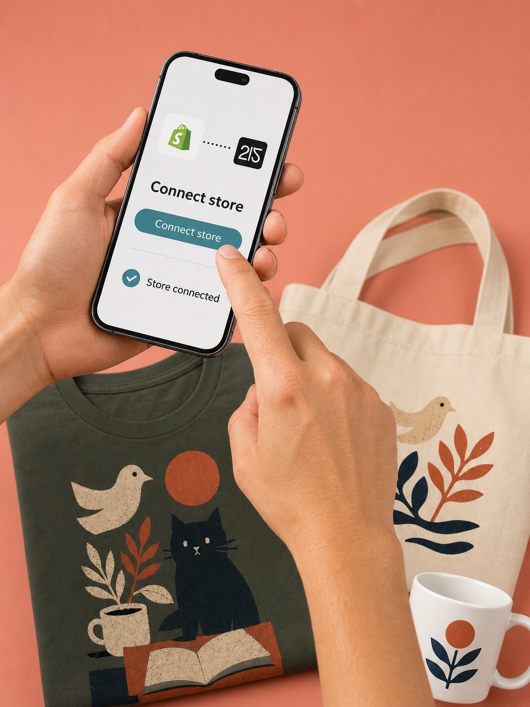Hand connecting Shopify to Two Fifteen on a phone beside a coordinated product collection