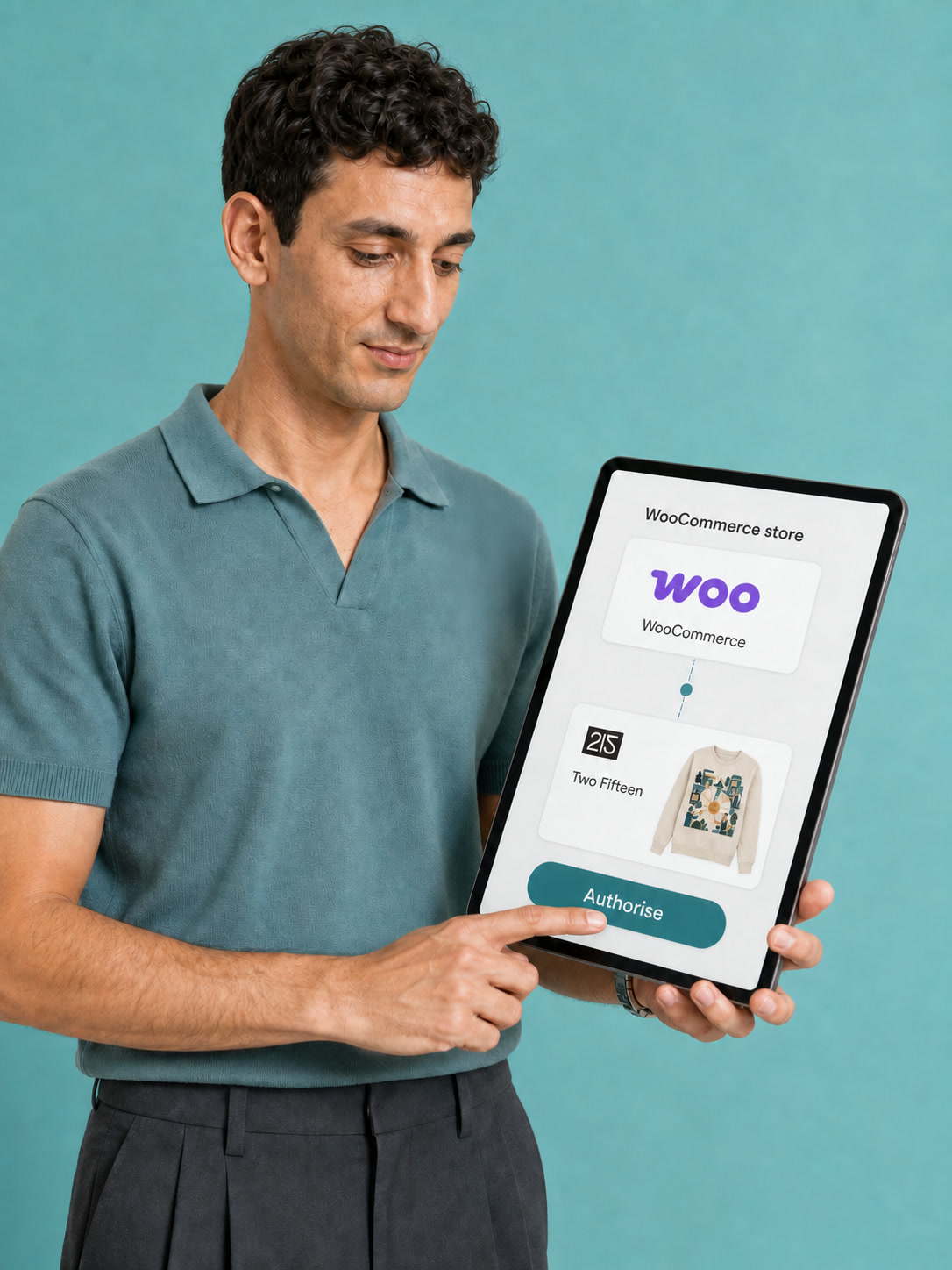 Designer authorising a WooCommerce connection on a tablet